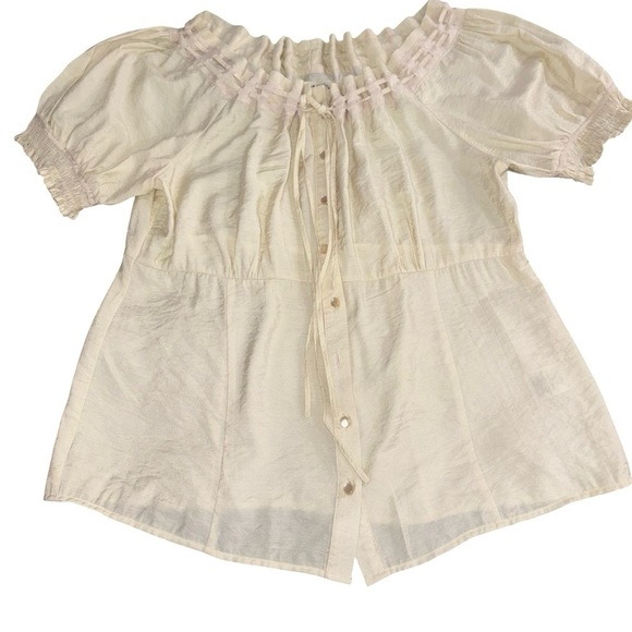 Caribbean Joe Tops - Caribbean Joe Pale Yellow Shimmer Peasant Blouse Size L Boho Tie Neck
